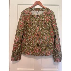 Charter Club Olive Floral Paisley Print Denim Button Up Jacket Size X Large